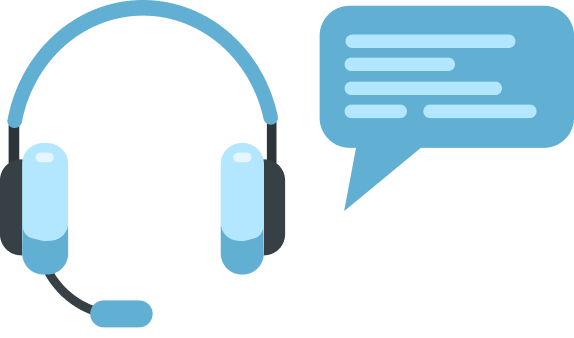 A pair of headphones with a microphone next to a speech bubble.