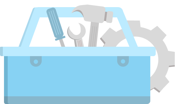 A blue toolbox filled with tools and a gear.