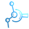 A blue icon with a magnifying glass in a white circular ring.