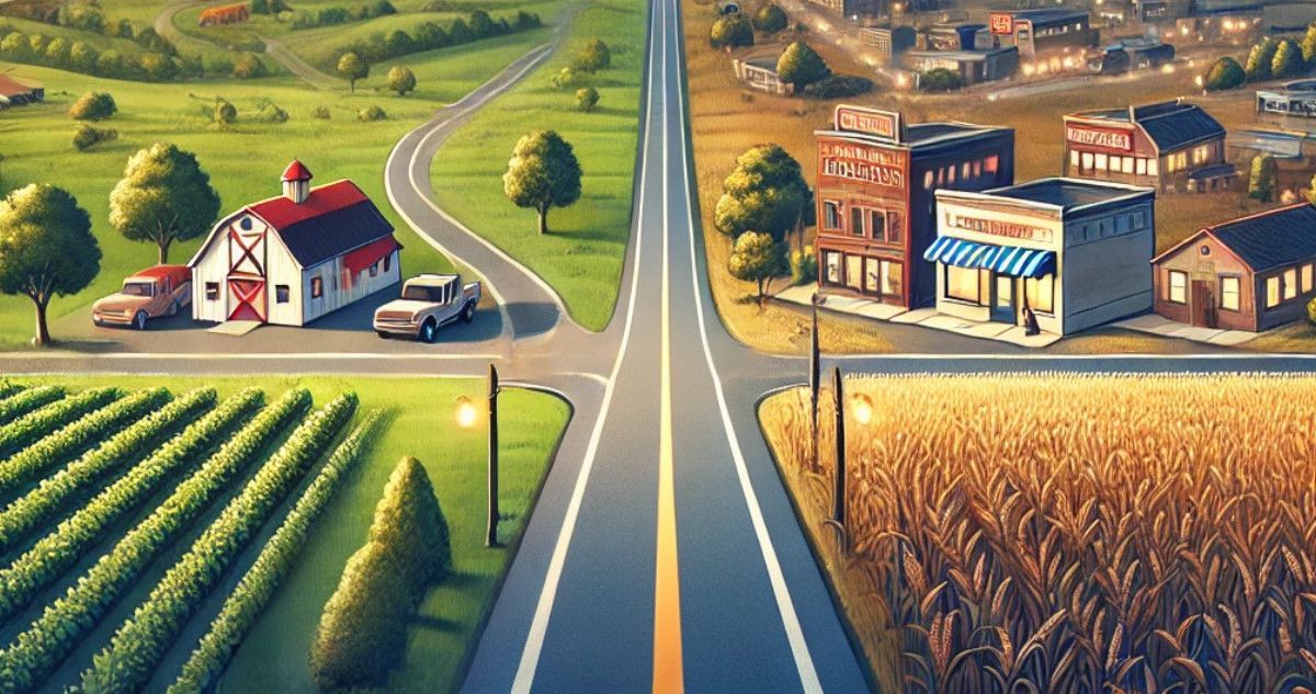 A cartoon illustration of a farm and a city.