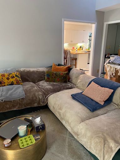 A living room with two couches and a coffee table.