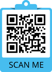 Un blocco appunti blu con sopra un codice QR che dice "scansionami".