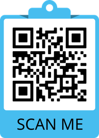 Un blocco appunti blu con sopra un codice QR che dice "scansionami".