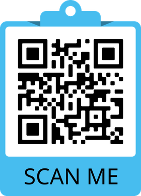 Un blocco appunti blu con sopra un codice QR che dice "scansionami".