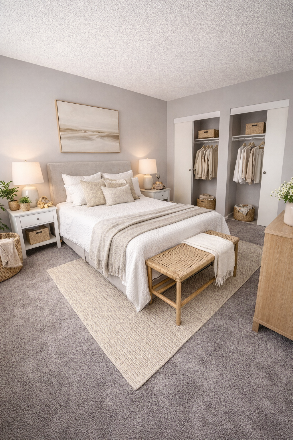 Cozy bedroom with gray carpet, white bed, beige accents, bedside tables, bench, and open closet