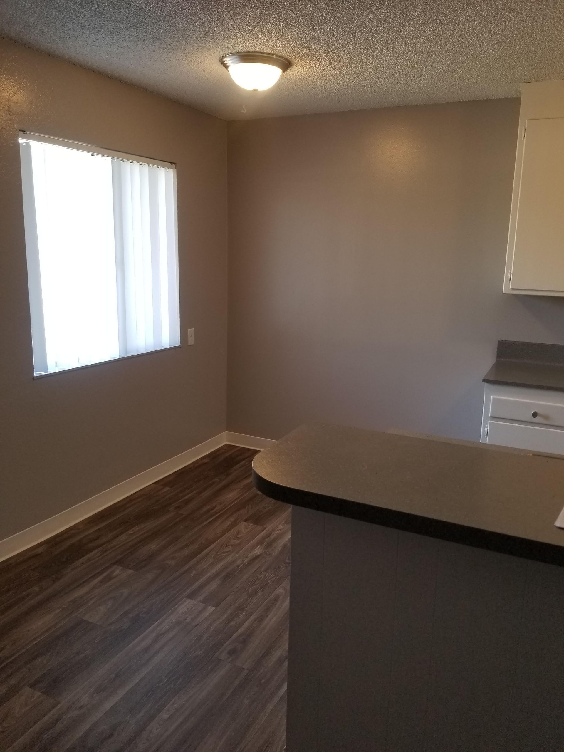 Empty kitchen with brown walls, wood floors, window, ceiling light, and dark countertop island