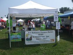 A white tent is sitting in the middle of a grassy field at a farmers market.