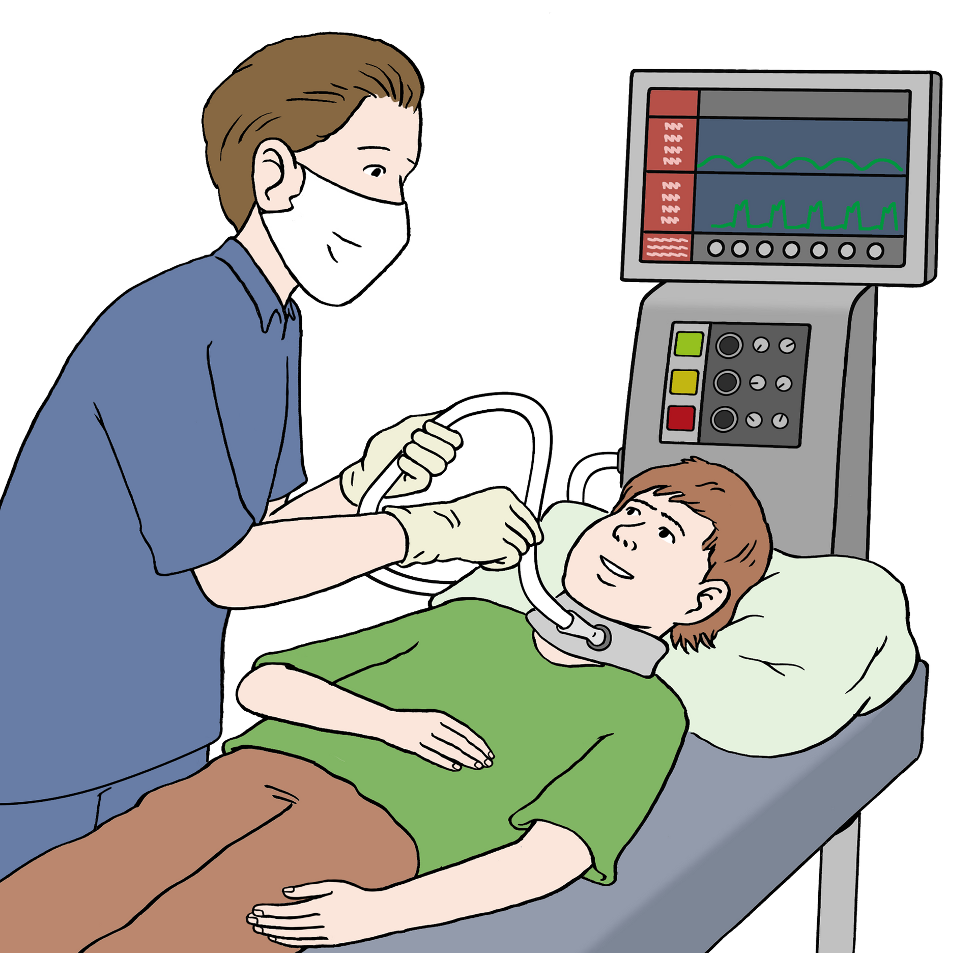 Ein Kind mit einer schweren Krankheit wird im Krankenhaus durch einen Pfleger versorgt