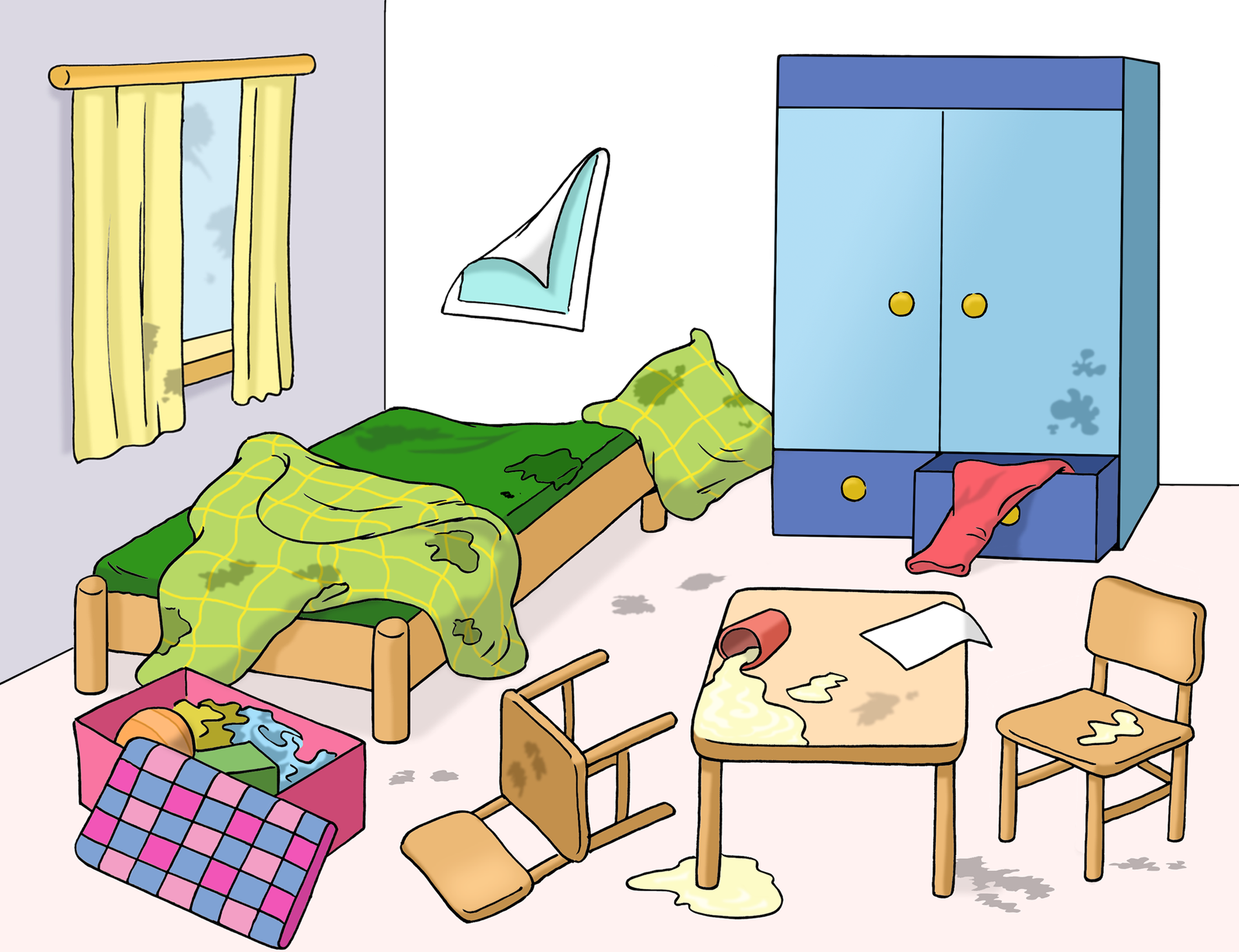 Ein Zimmer mit Möbeln, es ist sehr unordentlich und schmutzig