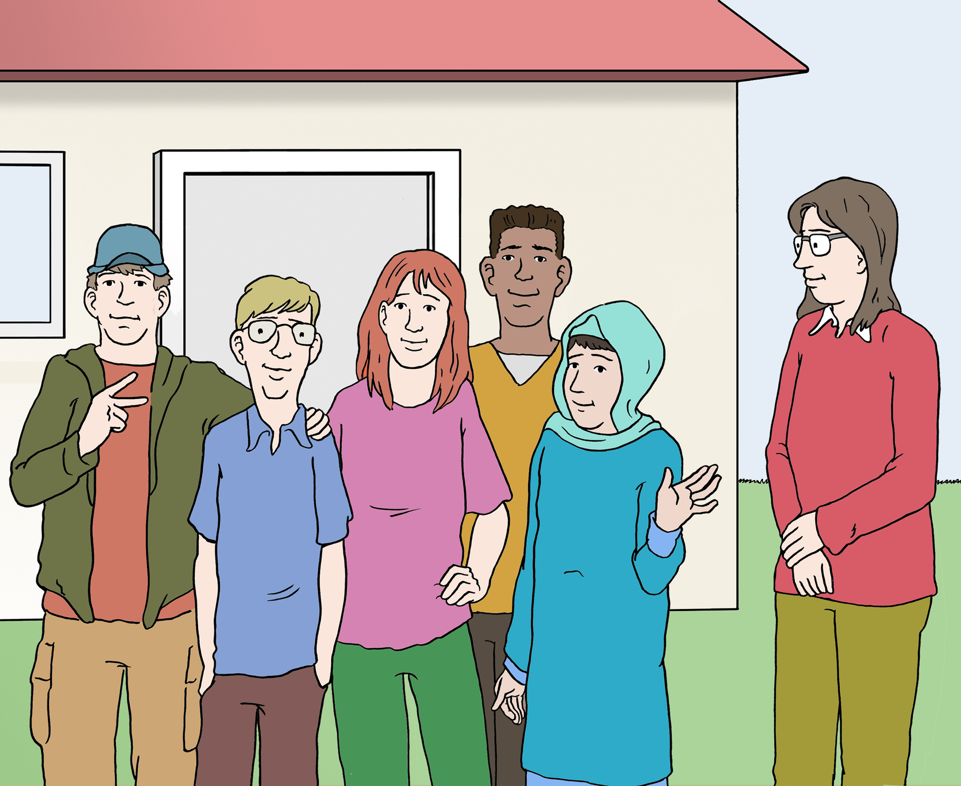 Jugendliche stehen vor einem Haus und lassen sich von einer Fachkraft helfen