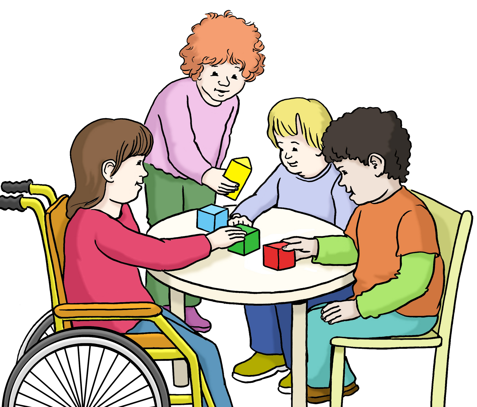 Kinder sitzen an einem Tisch und spielen gemeinsam