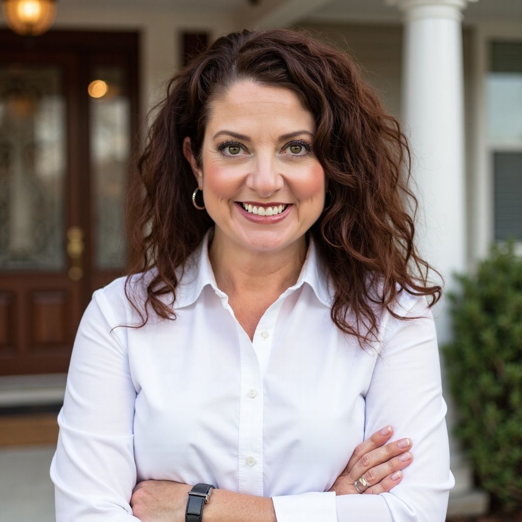 Woman with curly brown hair, smiling, arms crossed, wearing a white shirt. Standing outside a house.