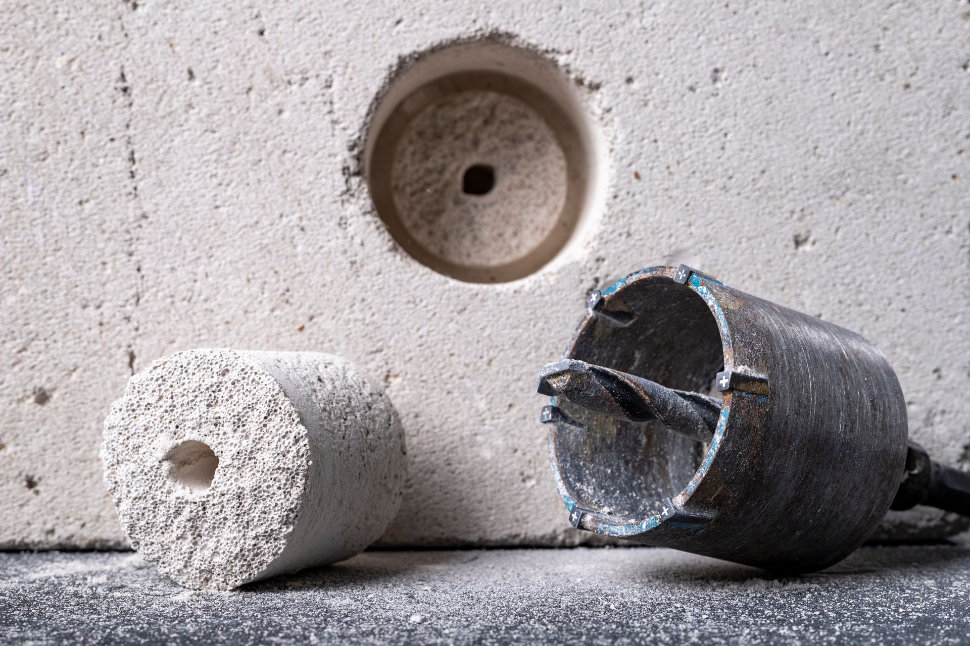 A cement mixer and a cement grinder are displayed side-by-side next to a drilled wall.