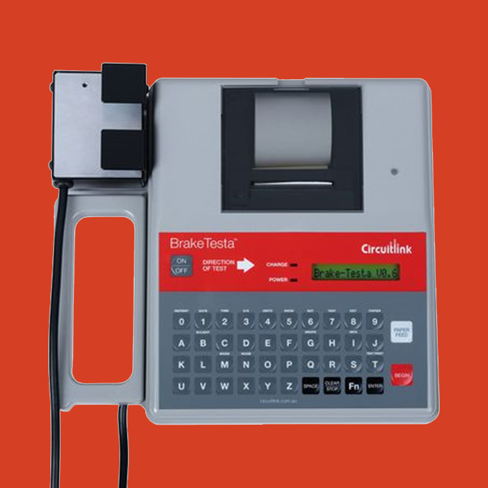 A gray and red circuitlink brake test device