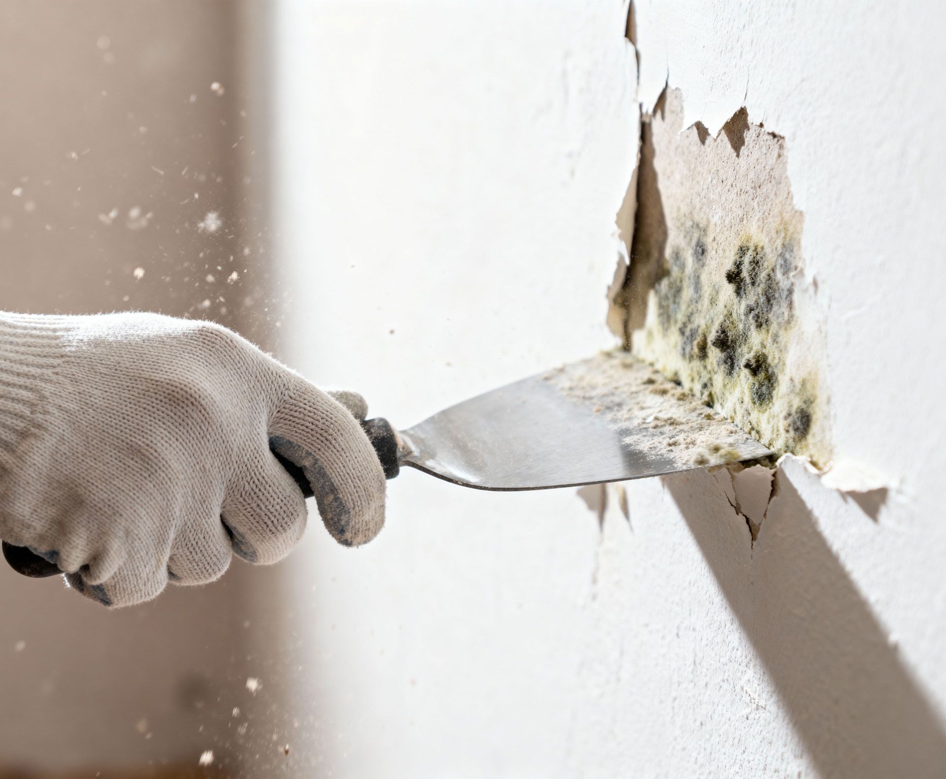 Gloved hand scraping peeling paint and damaged plaster from a wall with a putty knife