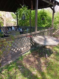 Shaded porch with hanging ferns, lattice railing, and a round table in the foreground
