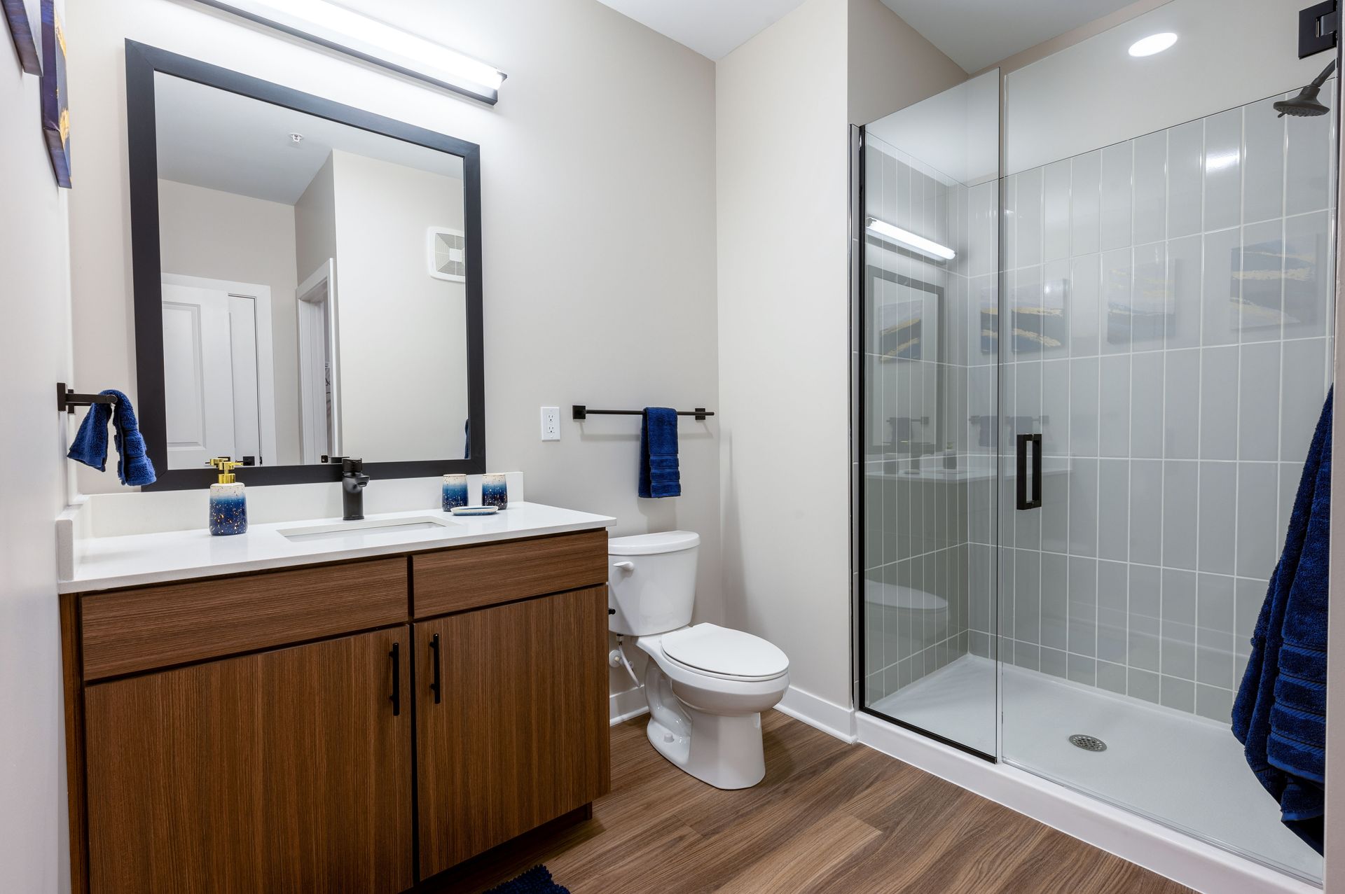 apartment bathroom with glass shower at Federal Hill in Noblesville, IN.