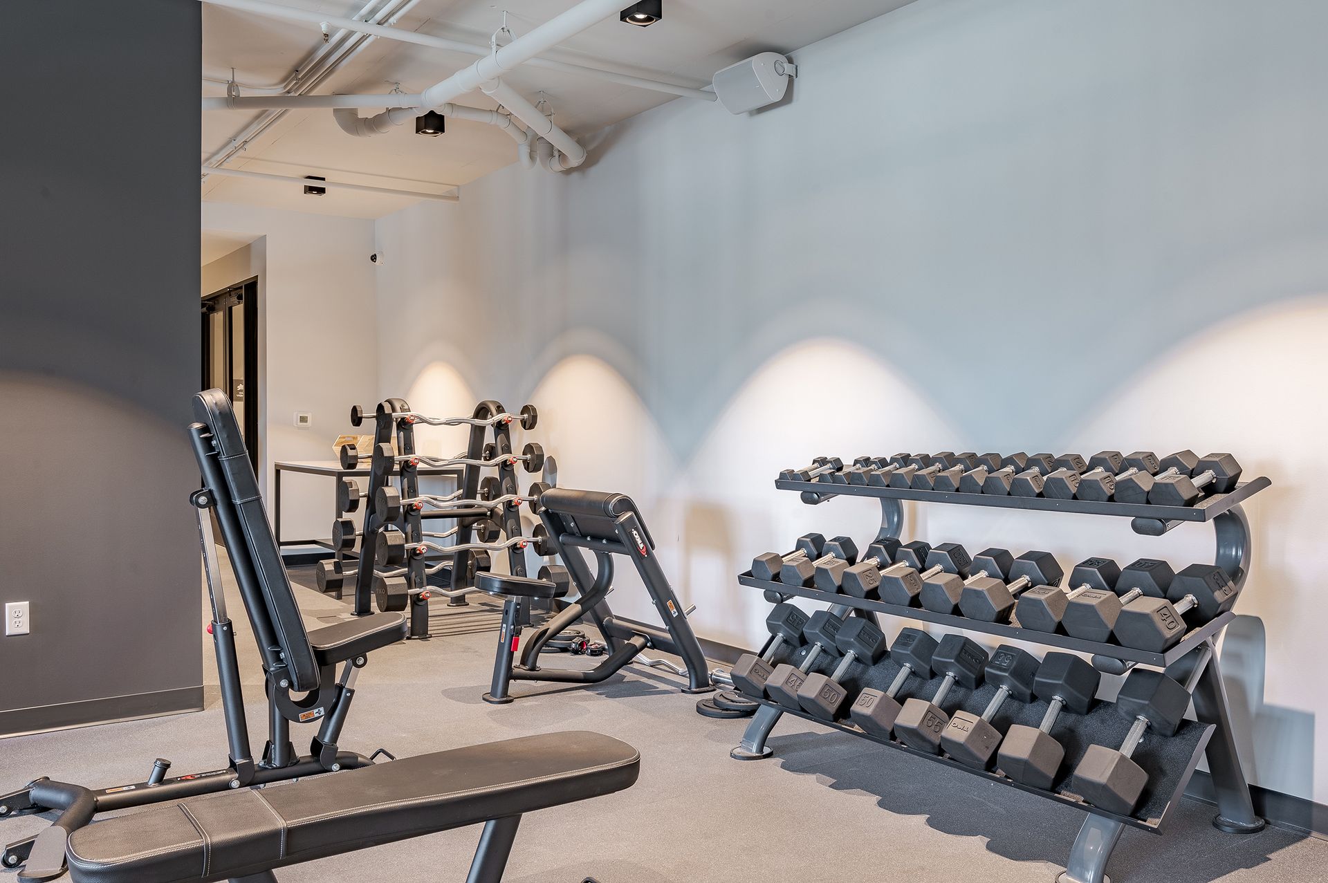 fitness center with weights at Federal Hill in Noblesville, IN.