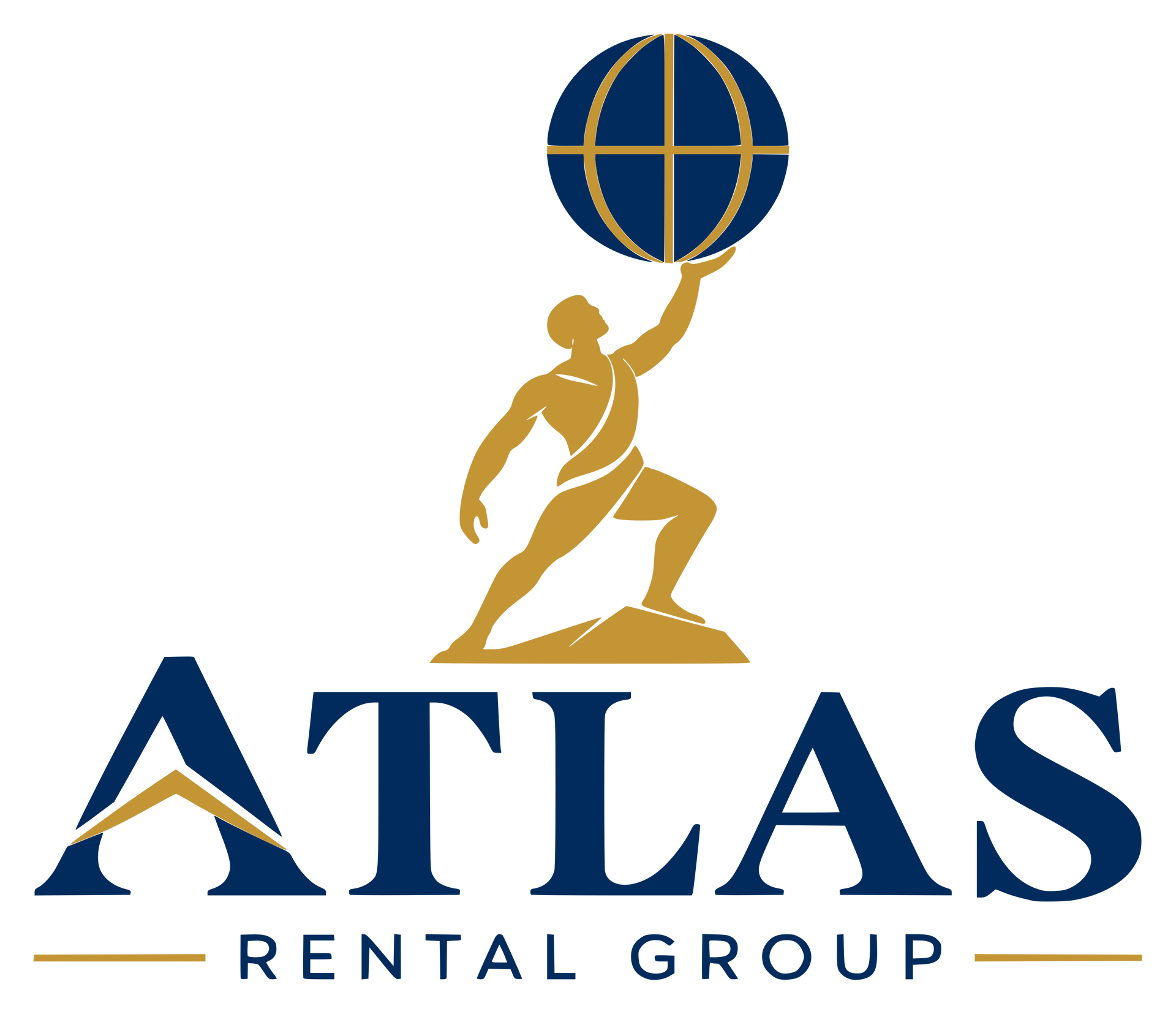 Atlas Rental Group logo with gold Atlas figure holding a blue globe above navy text