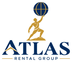Atlas Rental Group logo with gold Atlas figure holding a blue globe above navy text