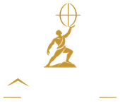 Gold gymnast logo reaching toward a hoop, with small gold accent marks in the corners on a white background