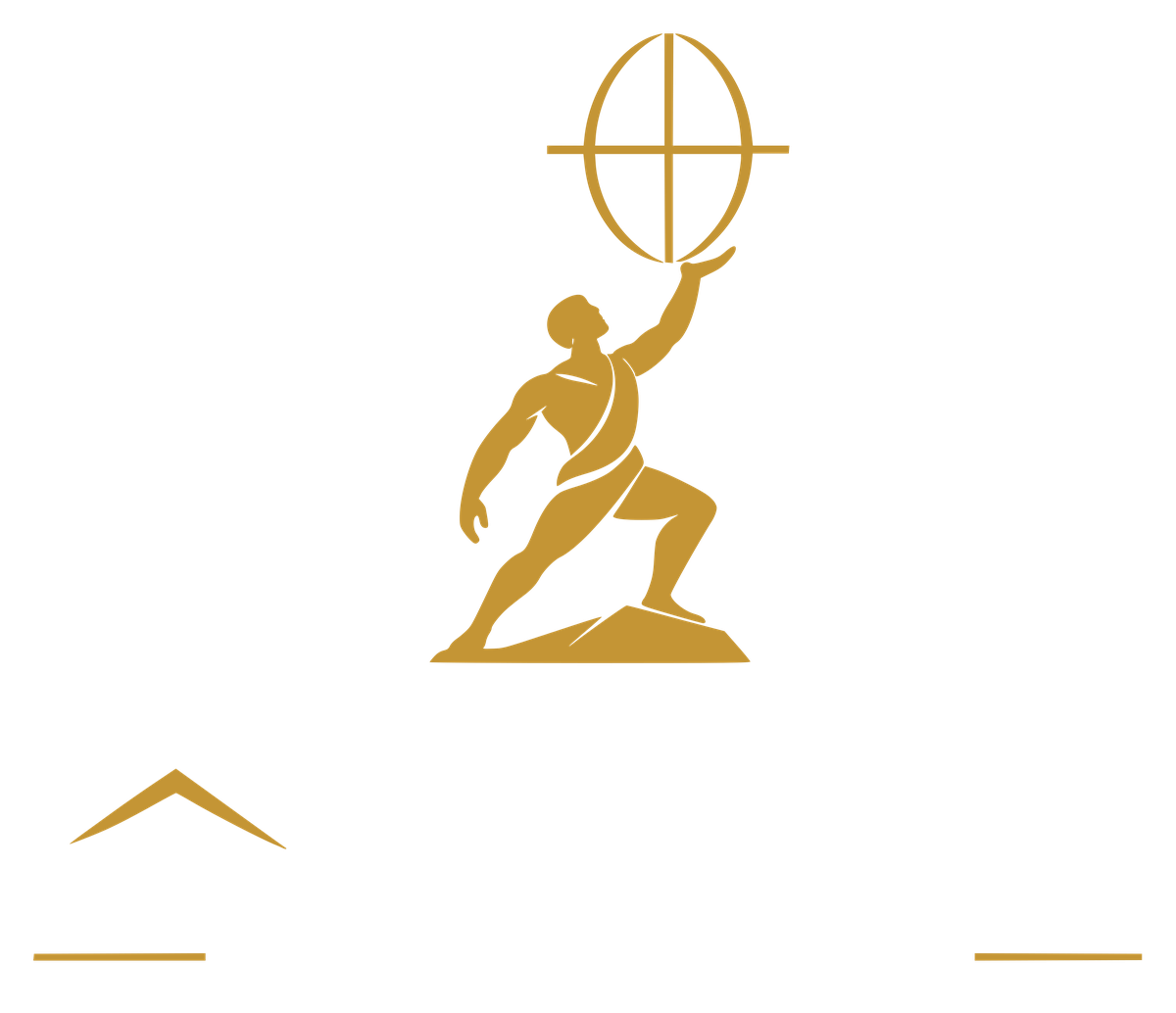 Gold gymnast logo reaching toward a hoop, with small gold accent marks in the corners on a white background