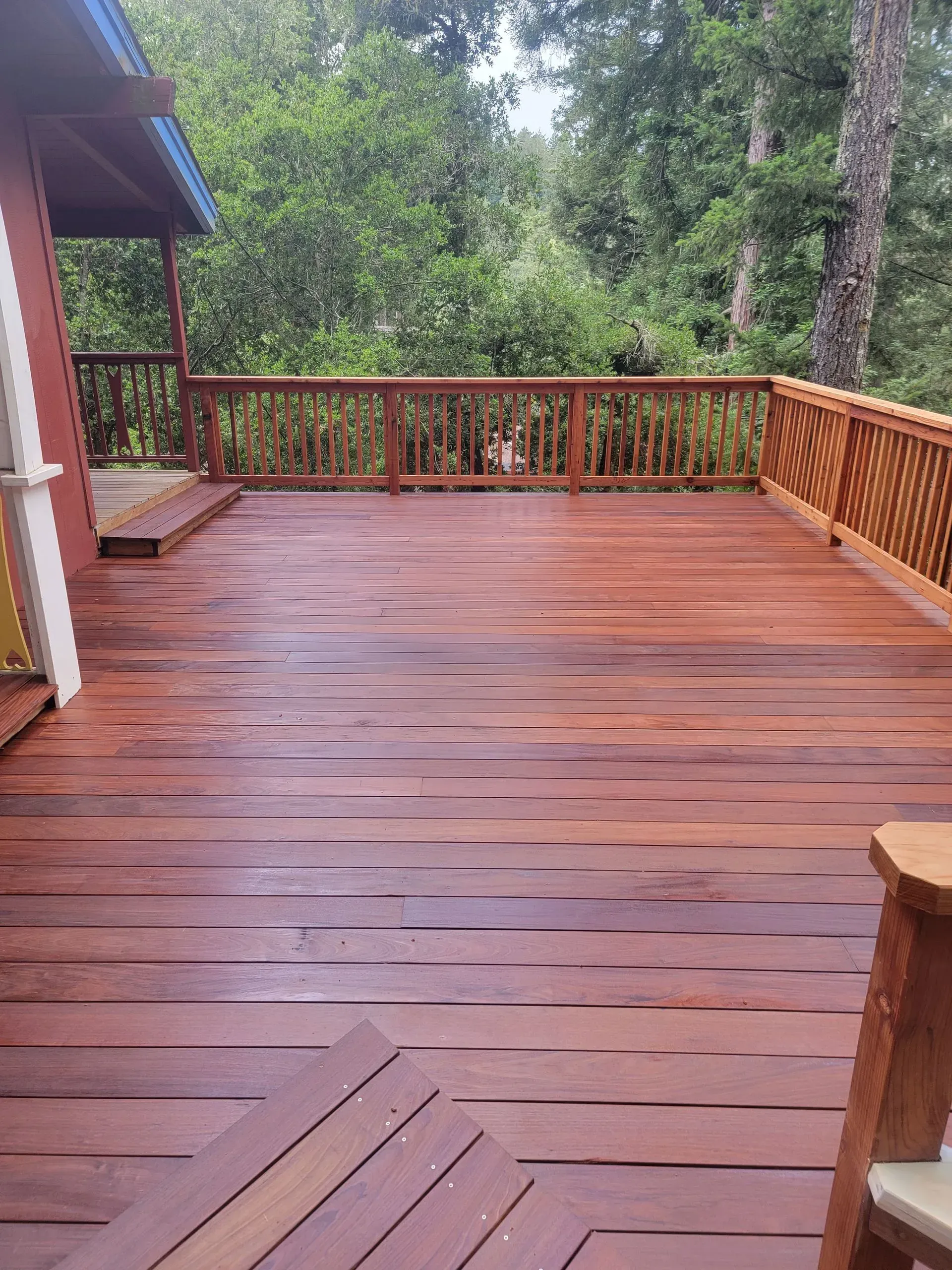 Wooden deck with red railing beside a house, overlooking green trees and woods
