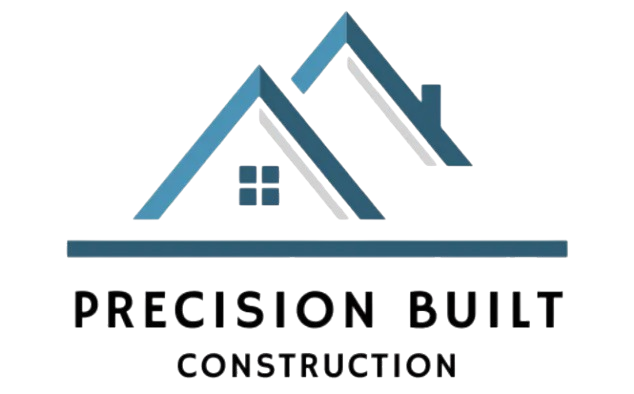 Precision Built Construction logo with blue roof icon and black text
