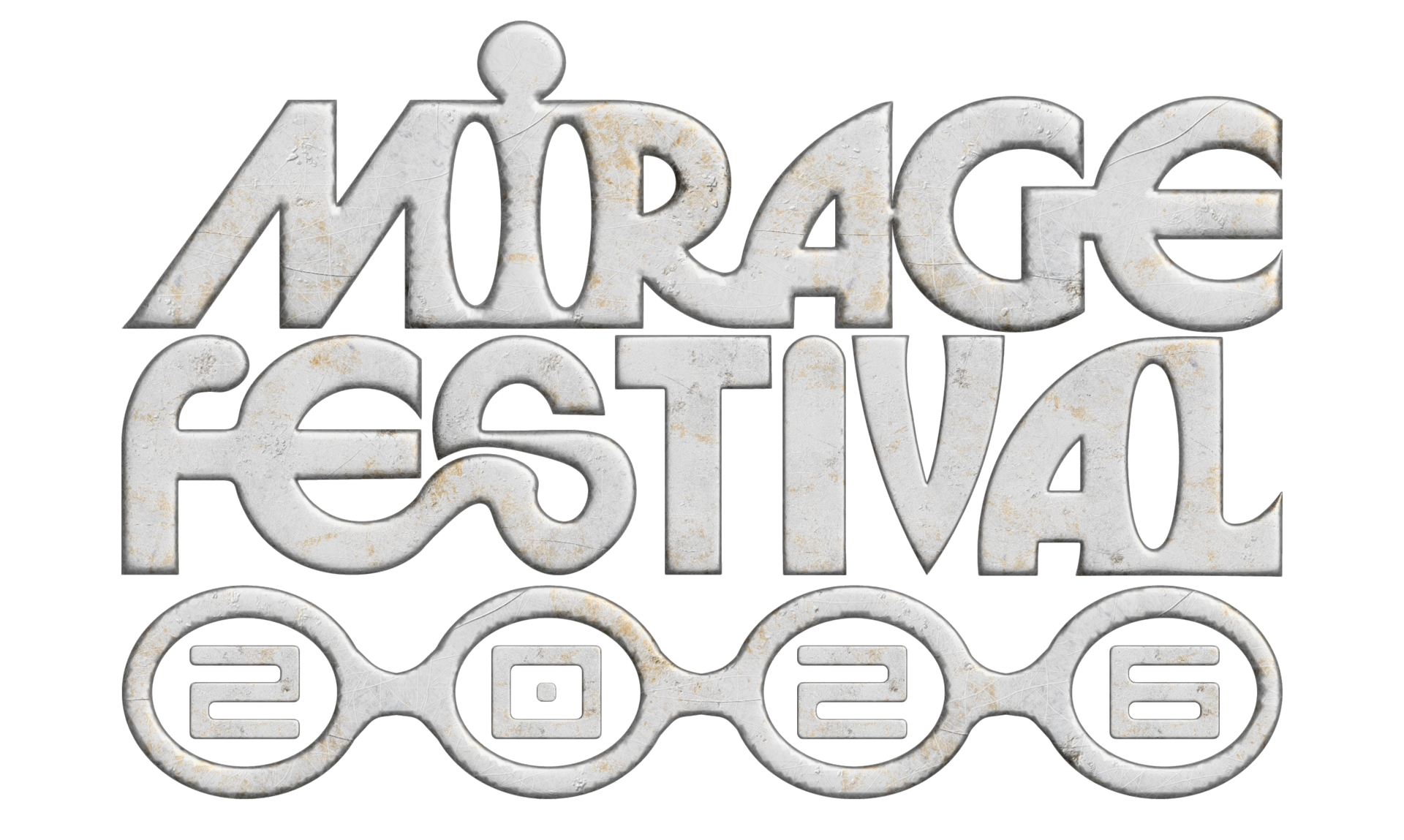 Mirage Festival logo in silver-gray stylized text with circular symbols underneath