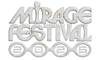 Mirage Festival logo in silver-gray stylized text with circular symbols underneath