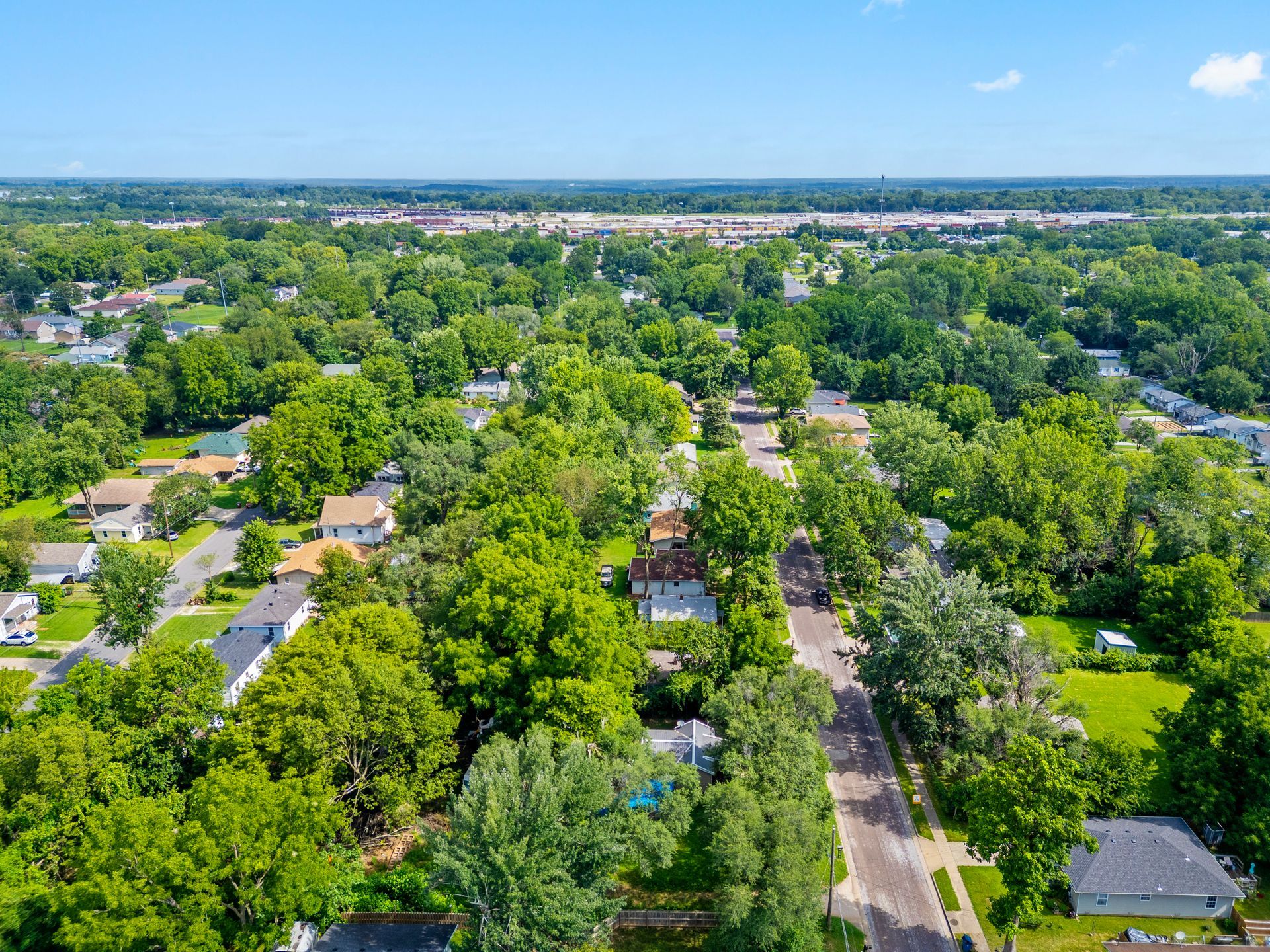 Aerial view of a leafy suburban neighborhood with tree-lined streets and scattered houses under a clear blue sky