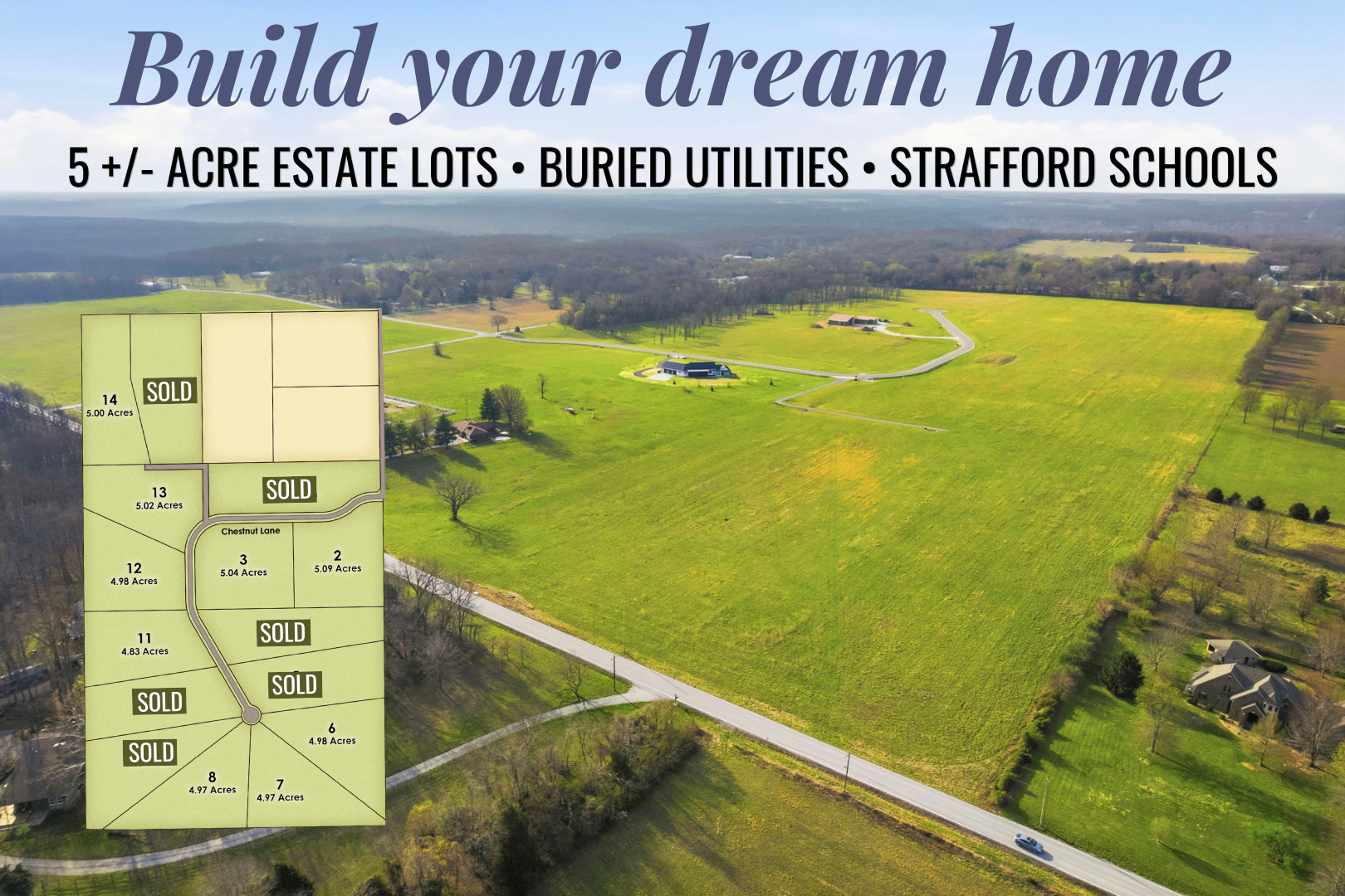 Aerial view of green farmland with a property map overlay and text promoting estate lots near Stratford schools