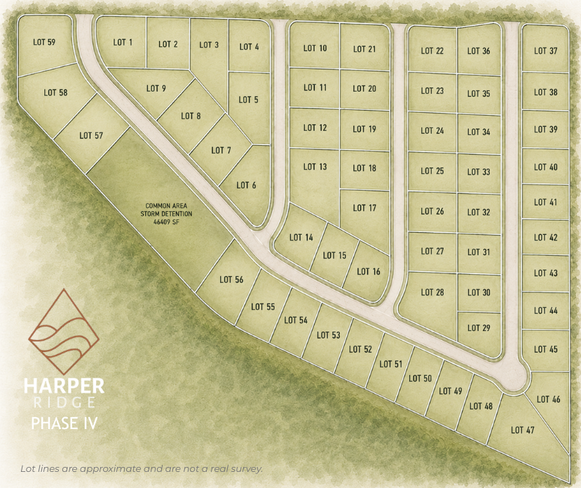 Subdivision plat map with labeled lots, streets, and green landscape; “Harper Ridge Phase IV” at bottom left