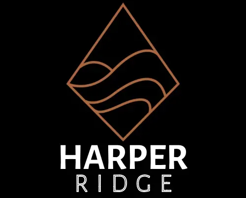 Harper Ridge logo with copper mountain line art above white text on a black background