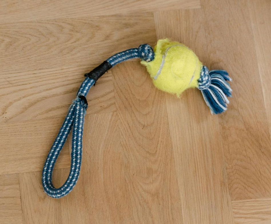 Blue-and-white rope dog toy with yellow plush ball on a wooden floor