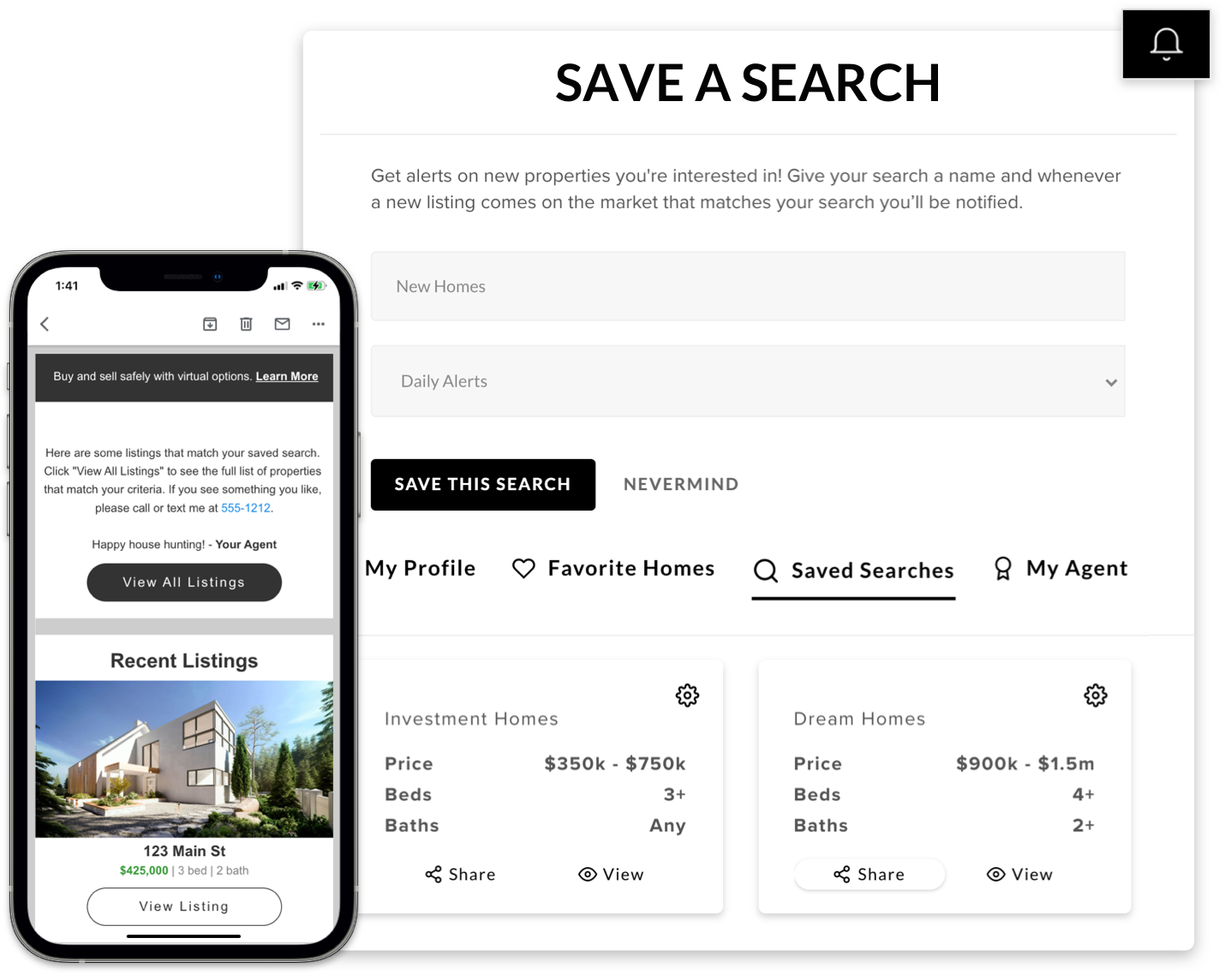 Website mockup titled “Save a Search” with a phone preview and property search fields/cards