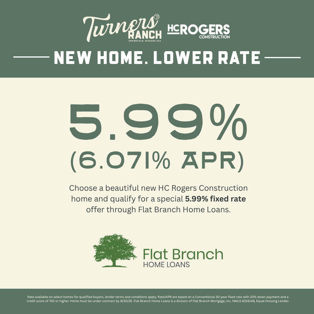 Turners Ranch sign promoting the 5.99% 30-year interest rate promotion through Flat Branch Home Loans in Springfield, Missouri.