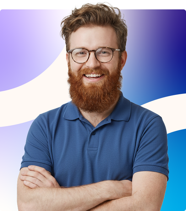 Smiling man with glasses and red beard in a blue polo, arms crossed, against a purple and blue gradient background