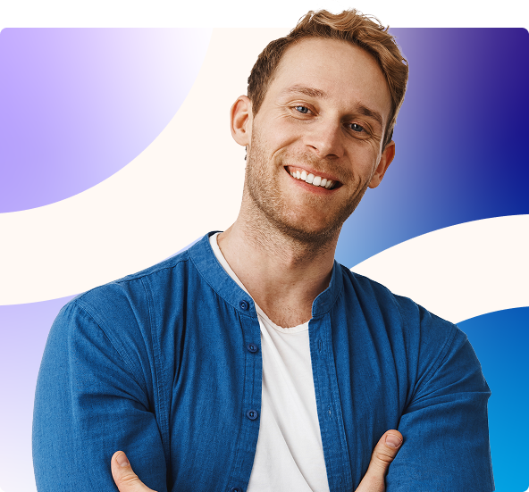 Smiling man in a blue T-shirt against a white background with purple and blue abstract shapes