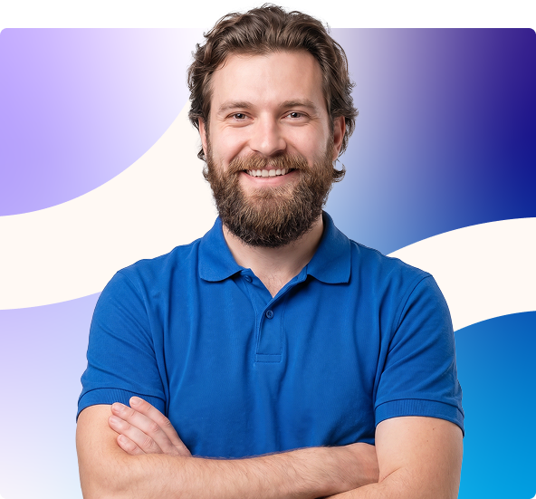 Smiling man in a blue T-shirt against a white background with purple and blue abstract shapes