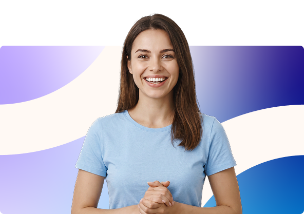 Smiling man in a blue turtleneck with arms crossed against a purple and blue gradient background