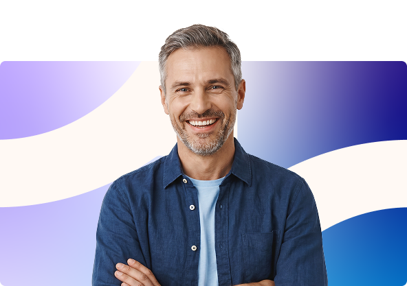 Smiling man in a blue turtleneck with arms crossed against a purple and blue gradient background