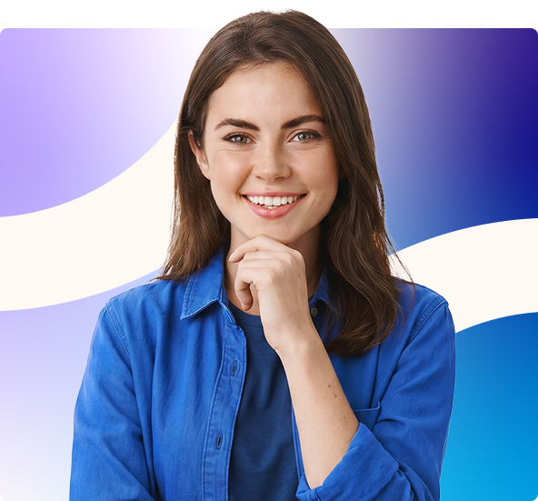 Smiling man in a blue turtleneck with arms crossed against a purple and blue gradient background