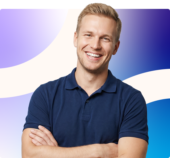 Smiling man in a blue turtleneck with arms crossed against a purple and blue gradient background
