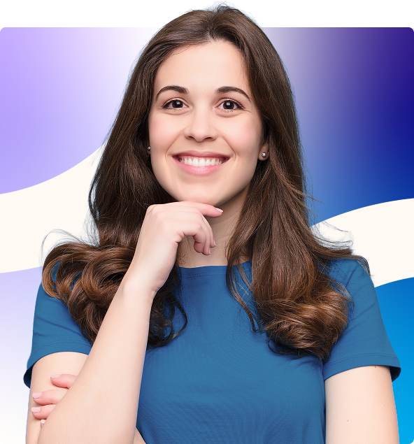 Smiling man with folded arms in a blue sweater against a white, purple, and blue abstract background