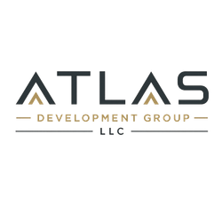 Atlas Development Group LLC logo in gray and gold with stylized mountain icon on white background