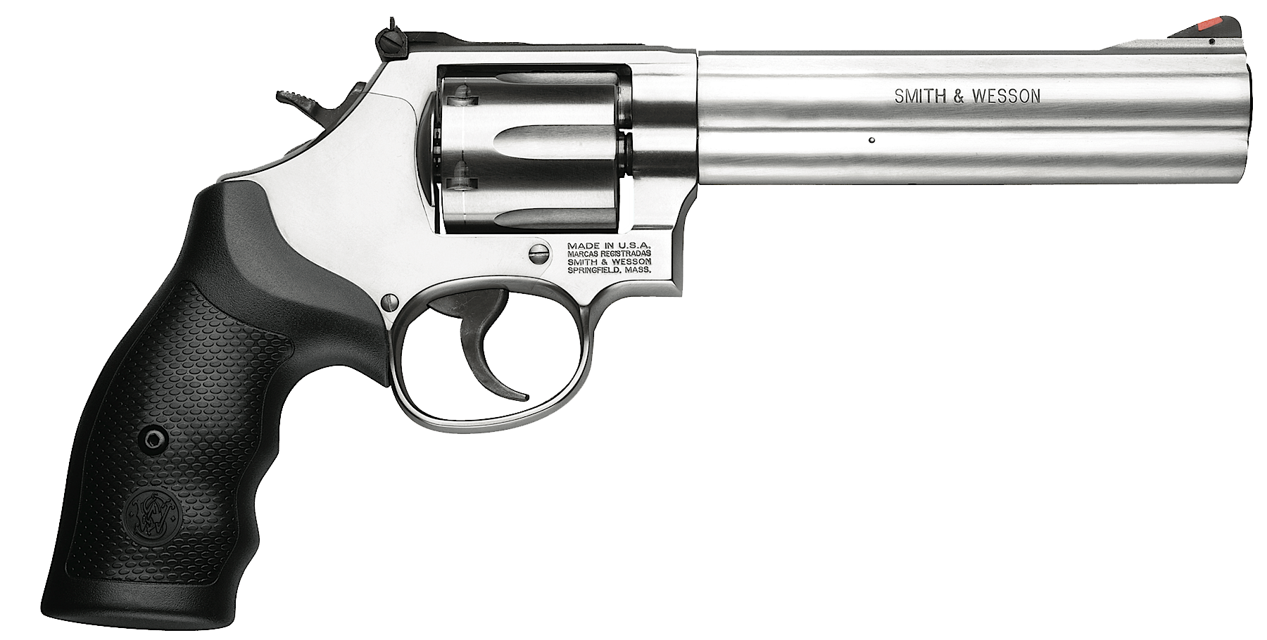 Ein Revolver aus Edelstahl mit schwarzem Griff auf weißem Hintergrund.