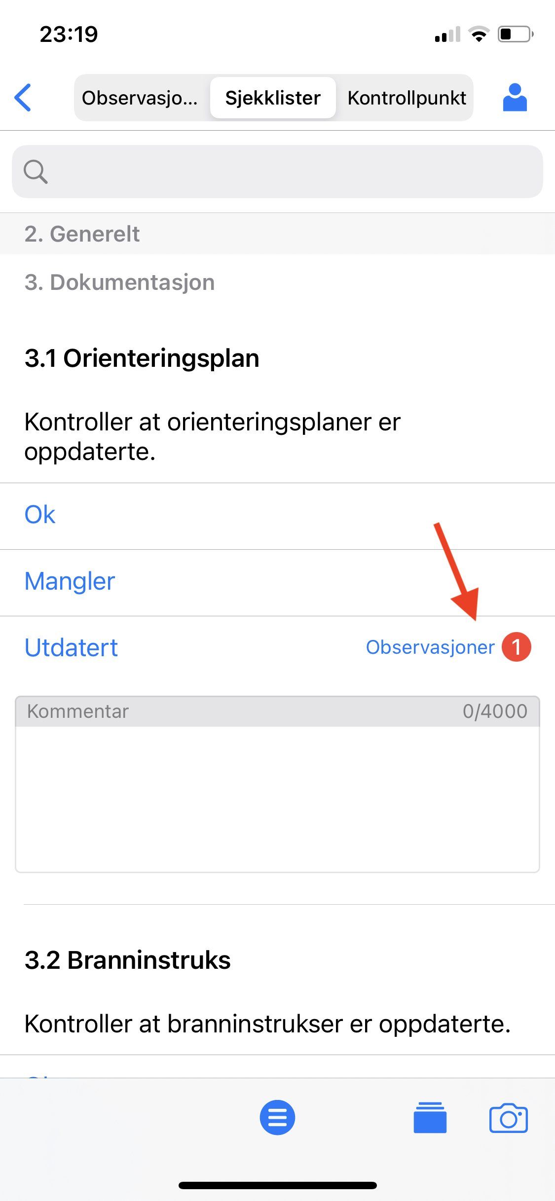 Indikasjon på sjekkliste
