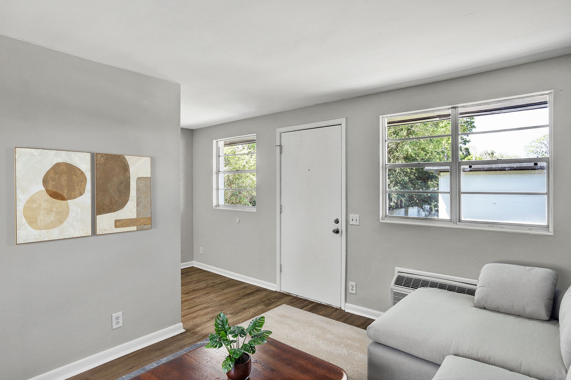 Living room with light gray walls, wooden floor, windows, and a sectional sofa.