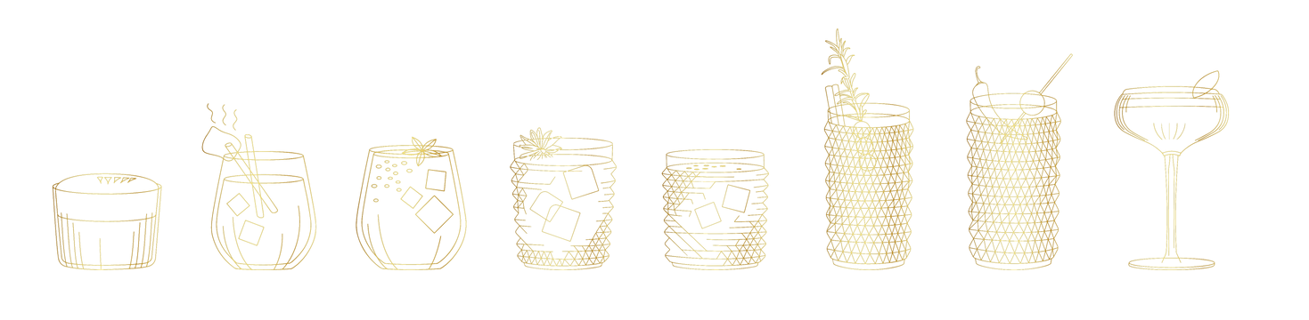 different cocktail types drawn in gold outlines